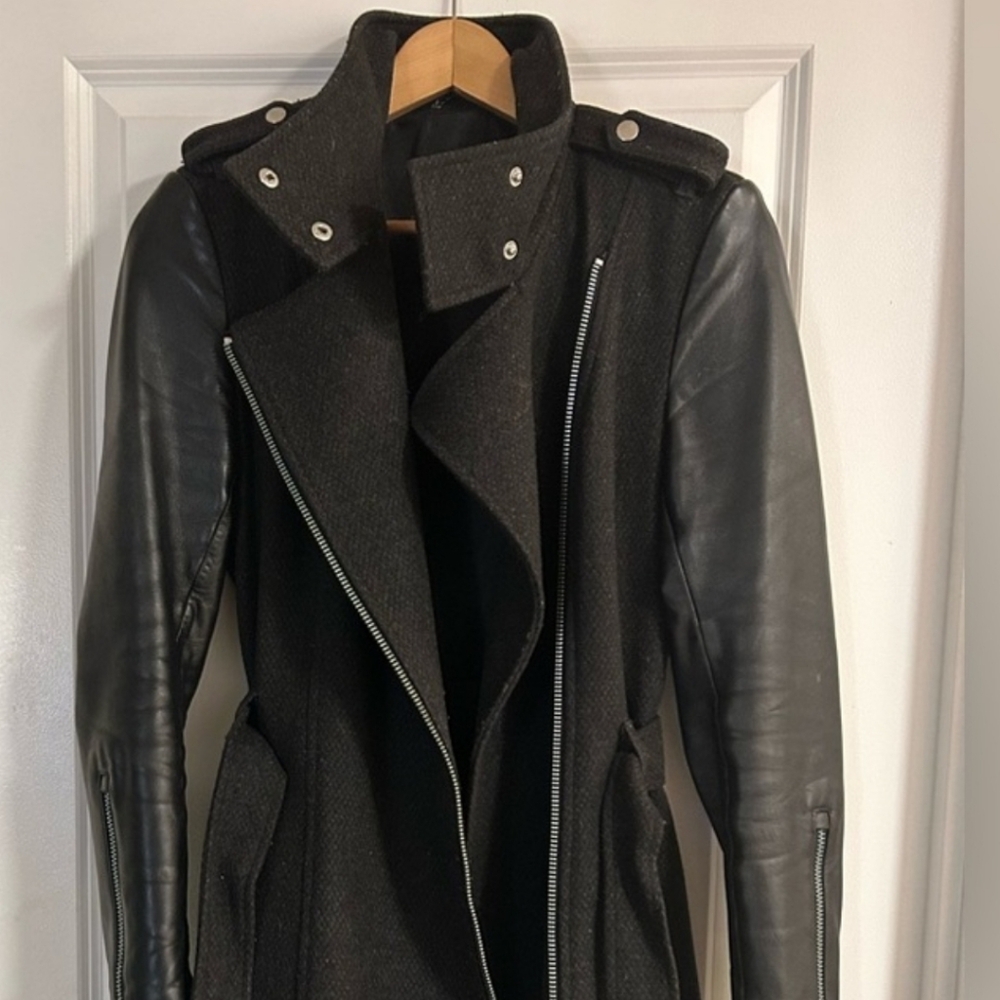 Mackage “Dale” asymmetrical wool trench with leather sleeves (black) - Size L